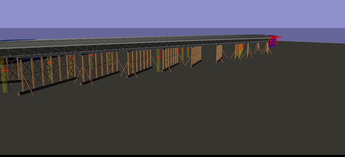 Lexocad model, side view: timber falsework bents with X-bracing and kicker braces on steel sills under the stage 3 deck