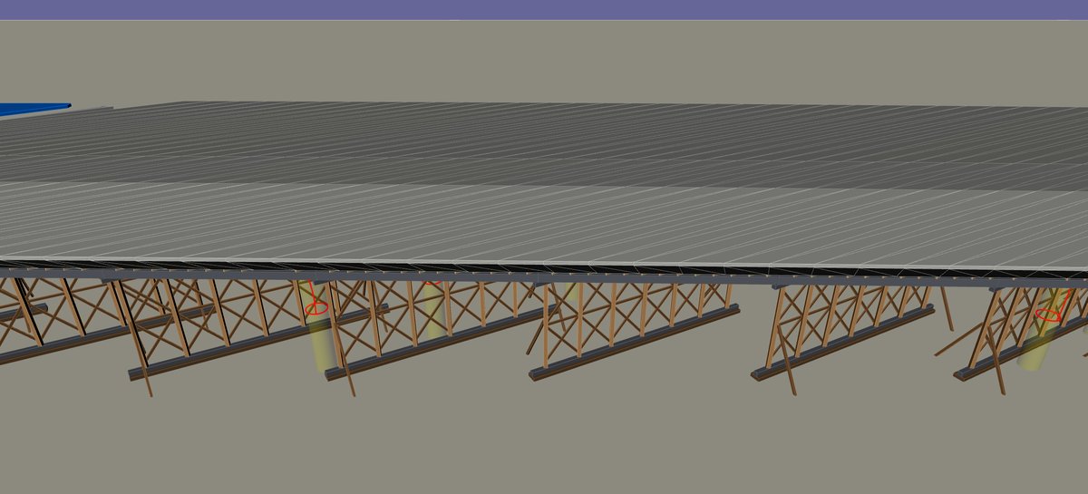 Lexocad model, aerial view: the stage 3 deck of the new bridge on heavy timber falsework, beside the completed stages 1 and 2