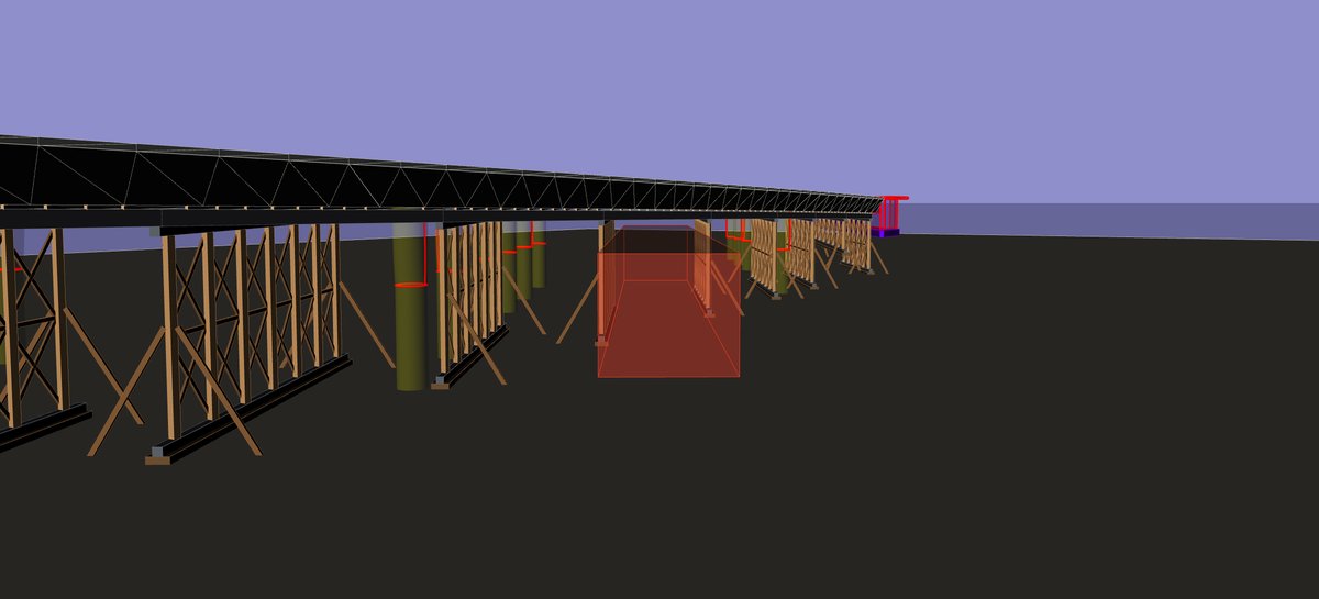Lexocad model: railroad clearance envelope in red, passing through the falsework under the steel stringers